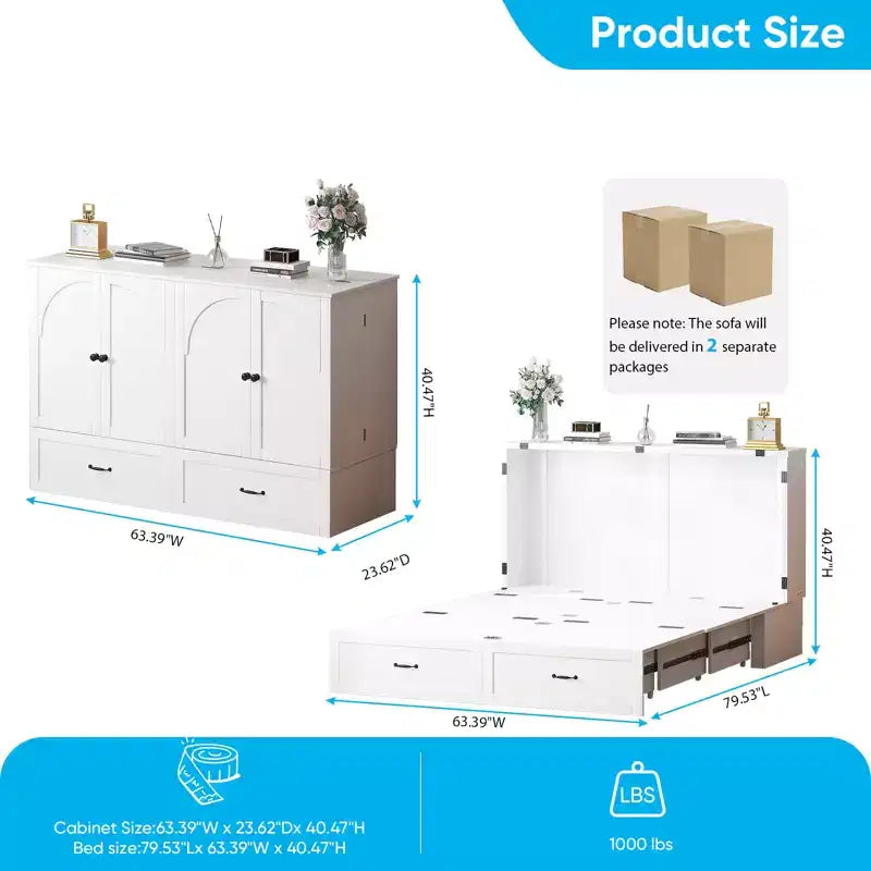 Lit escamotable Queen Size Mjkone avec rangement et recharge, matelas en option