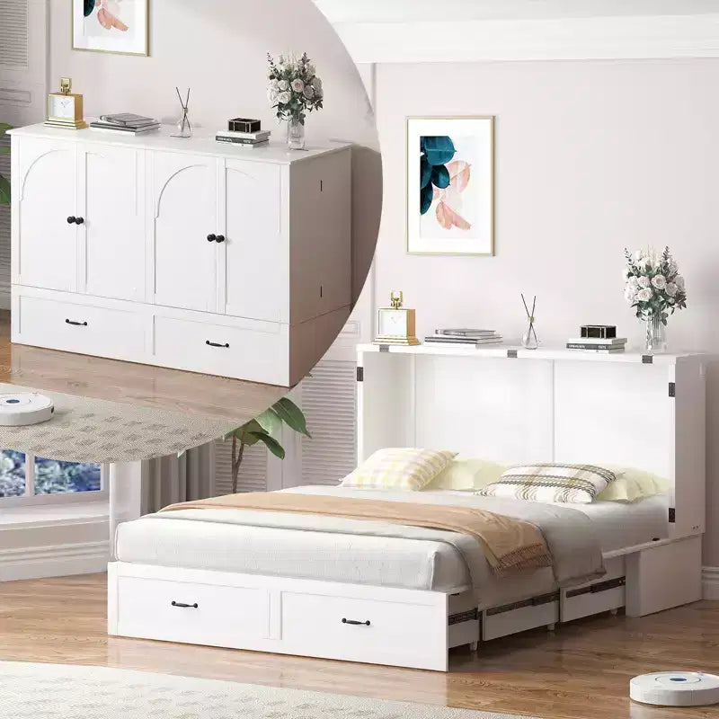 Lit escamotable Queen Size Mjkone avec rangement et recharge, matelas en option