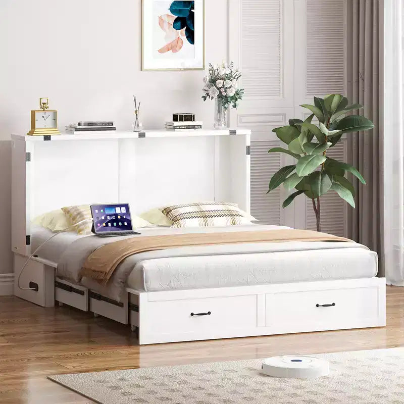 Lit escamotable Queen Size Mjkone avec rangement et recharge, matelas en option
