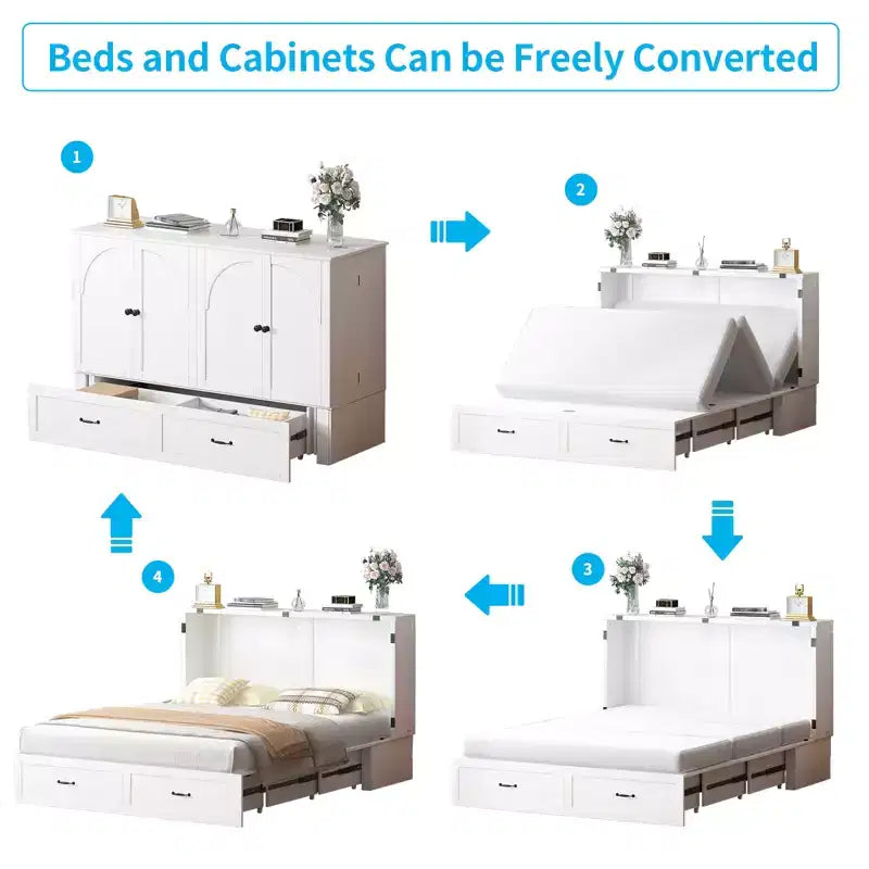 Lit escamotable Queen Size Mjkone avec rangement et recharge, matelas en option