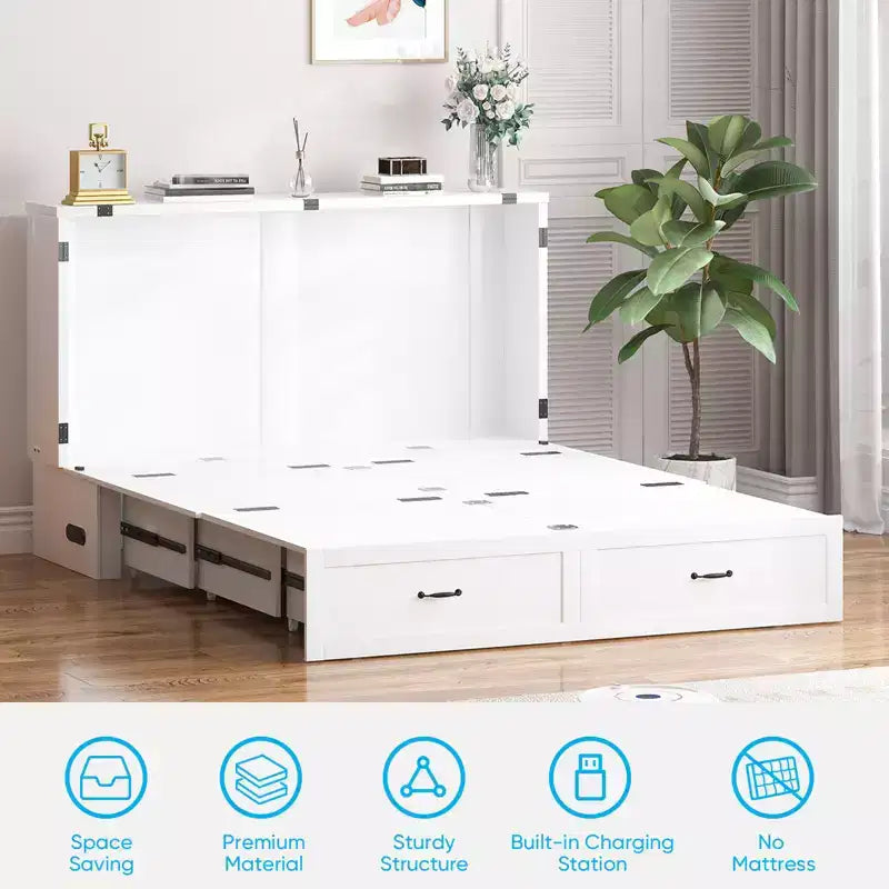 Lit escamotable Queen Size Mjkone avec rangement et recharge, matelas en option