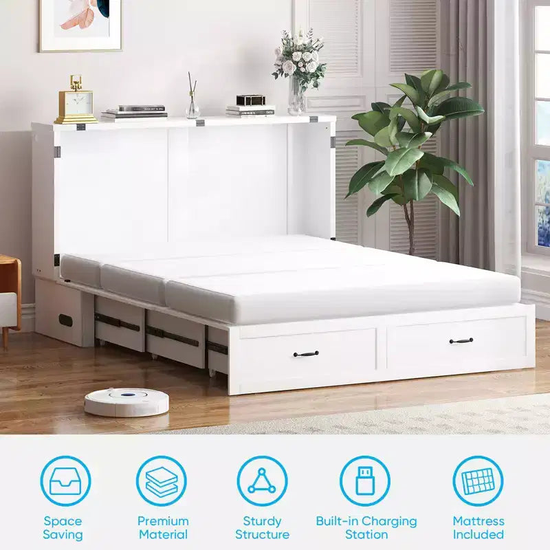 Lit escamotable Queen Size Mjkone avec rangement et recharge, matelas en option