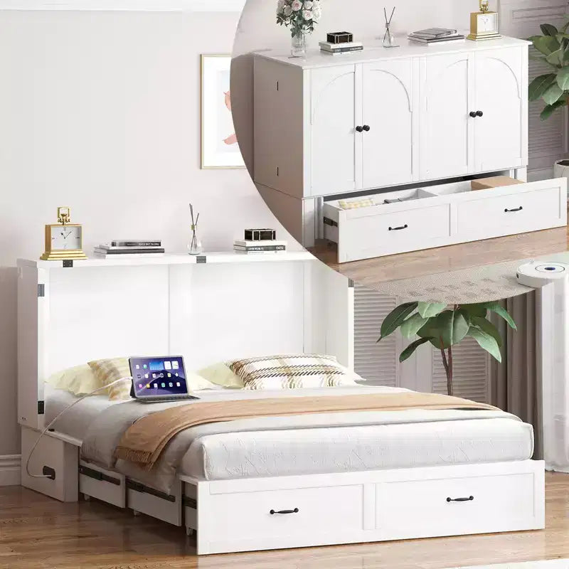 Mjkone Queen Size Murphy Bed Chest with Storage & Charging,Optional Mattress