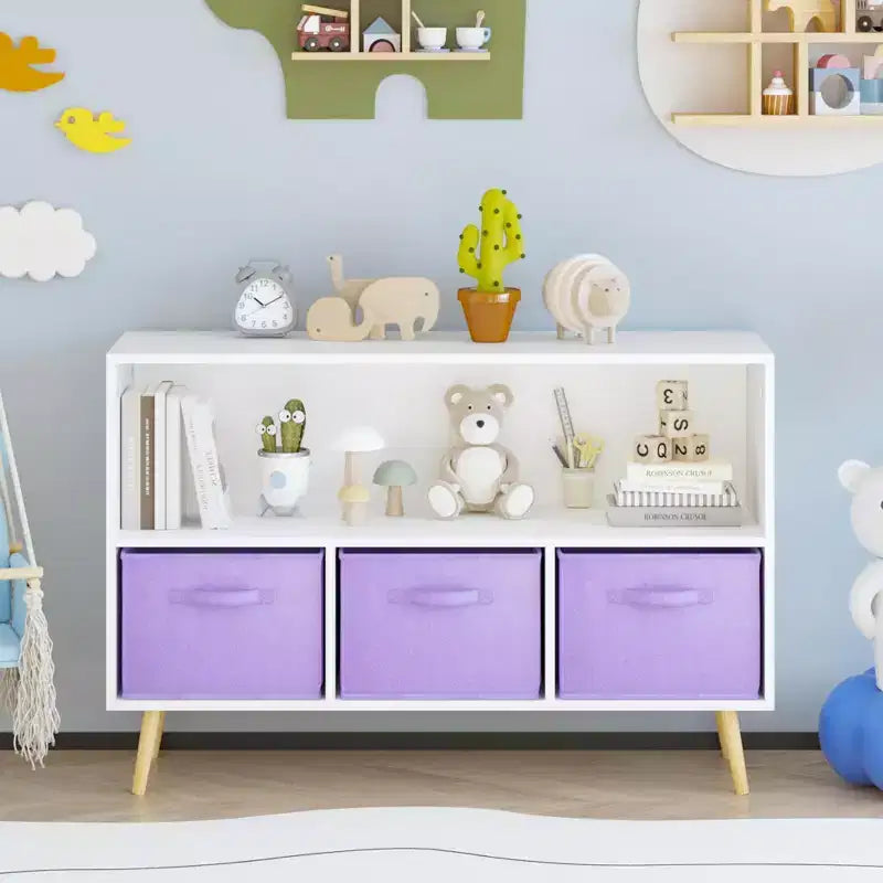 Bibliothèque pour enfants avec tiroirs en tissu pliables, présentoir à livres pour enfants, meuble de rangement pour jouets, blanc/violet