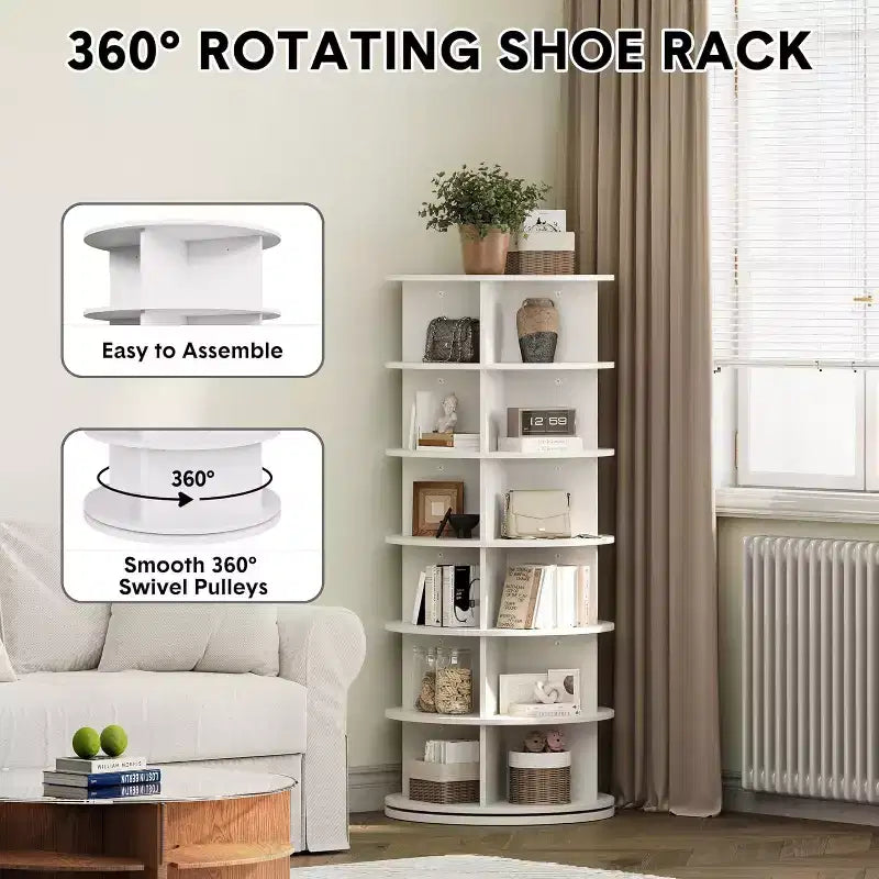 Tour à chaussures ronde rotative à 6 niveaux, organisateur de chaussures rotatif à 360° avec grande capacité, rangement de chaussures peu encombrant pour placard, chambre et entrée