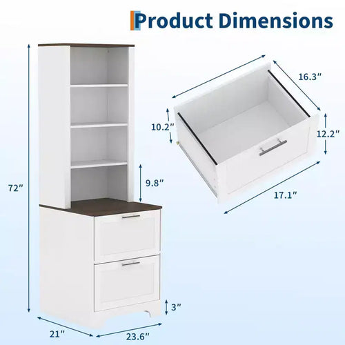Bibliothèque haute de 183 cm avec 2 tiroirs classeurs, étagère en bois à 4 niveaux avec étagères réglables, armoire de rangement autoportante pour bureau et salon