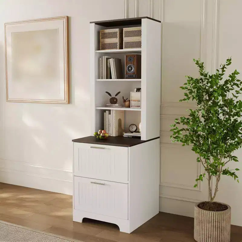 Bibliothèque haute de 183 cm avec 2 tiroirs classeurs, étagère en bois à 4 niveaux avec étagères réglables, armoire de rangement autoportante pour bureau et salon