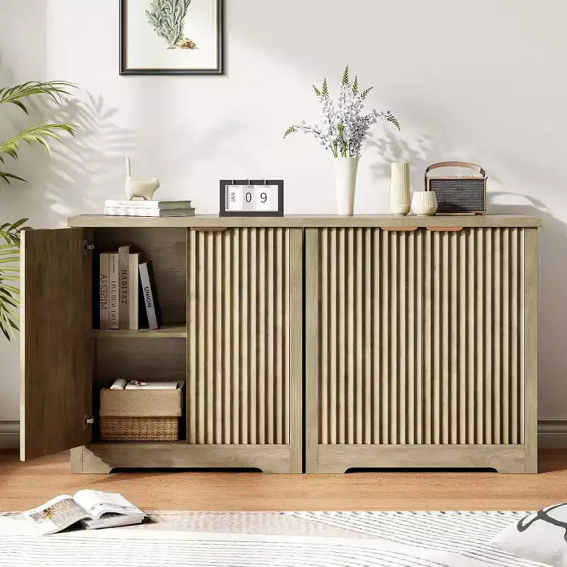 Bahut cannelé avec rangement - 2 portes, étagère réglable et plateau spacieux - Console moderne en bois pour plusieurs pièces