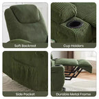 Fauteuil inclinable électrique en velours côtelé avec inclinaison à 155°, massage, chauffage, deux porte-gobelets et aide à la levée, fauteuil confortable ergonomique pour personnes âgées