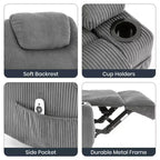 Fauteuil inclinable électrique en velours côtelé avec inclinaison à 155°, massage, chauffage, deux porte-gobelets et aide à la levée, fauteuil confortable ergonomique pour personnes âgées