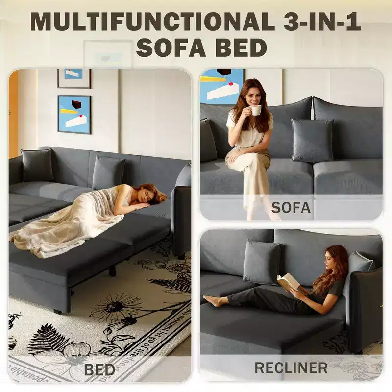 Canapé 3 places moderne en velours Whisen 81.9, Canapé-lit escamotable King Size, Canapé-lit convertible 3-en-1 avec 3 oreillers