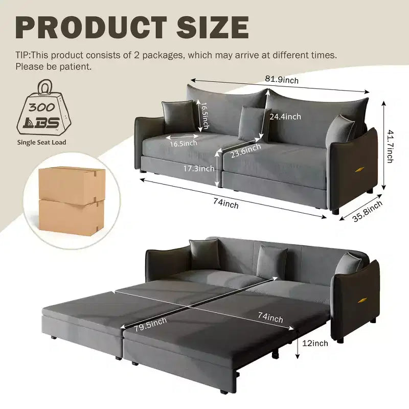 Canapé 3 places moderne en velours Whisen 81.9, Canapé-lit escamotable King Size, Canapé-lit convertible 3-en-1 avec 3 oreillers