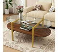 MAYEERTY Oval Shaped Glass Coffee Table with Double Layer Transparent Glass Coffee Brown MDF for Living Room