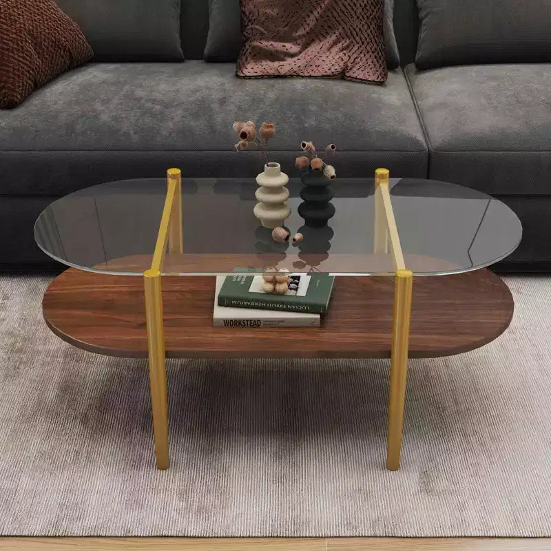 MAYEERTY Table basse ovale en verre avec double couche transparente, en MDF marron, pour salon