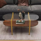 MAYEERTY Table basse ovale en verre avec double couche transparente, en MDF marron, pour salon
