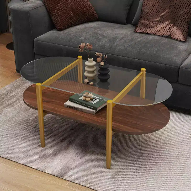 MAYEERTY Table basse ovale en verre avec double couche transparente, en MDF marron, pour salon