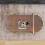 MAYEERTY Table basse ovale en verre avec double couche transparente, en MDF marron, pour salon