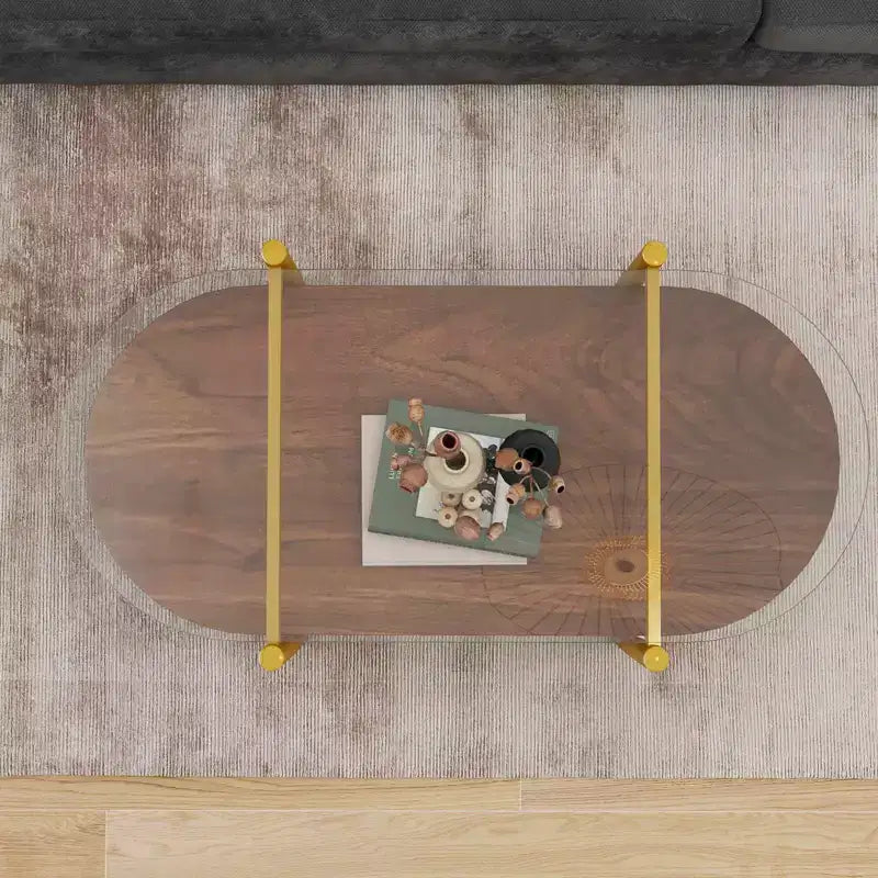 MAYEERTY Table basse ovale en verre avec double couche transparente, en MDF marron, pour salon