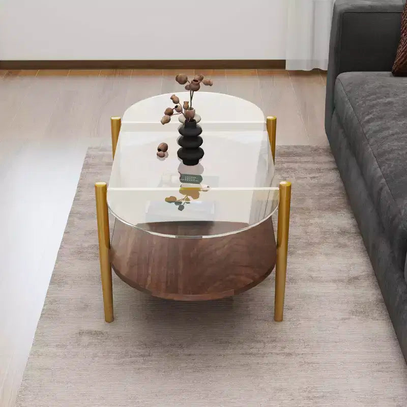 MAYEERTY Table basse ovale en verre avec double couche transparente, en MDF marron, pour salon