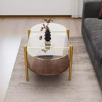 MAYEERTY Table basse ovale en verre avec double couche transparente, en MDF marron, pour salon