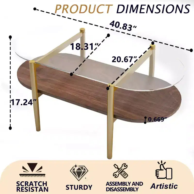 MAYEERTY Table basse ovale en verre avec double couche transparente, en MDF marron, pour salon