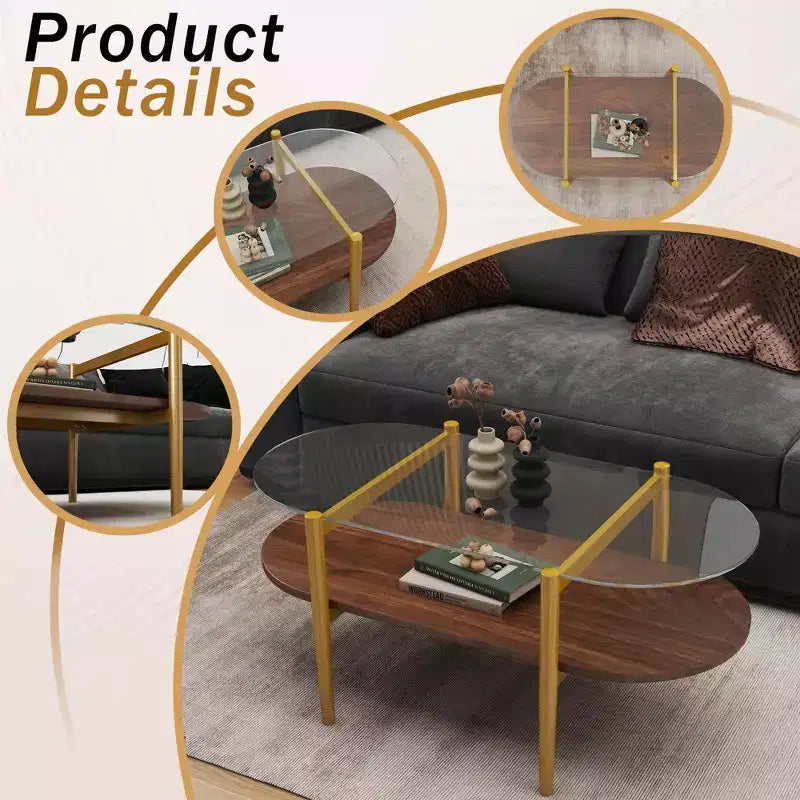 MAYEERTY Table basse ovale en verre avec double couche transparente, en MDF marron, pour salon