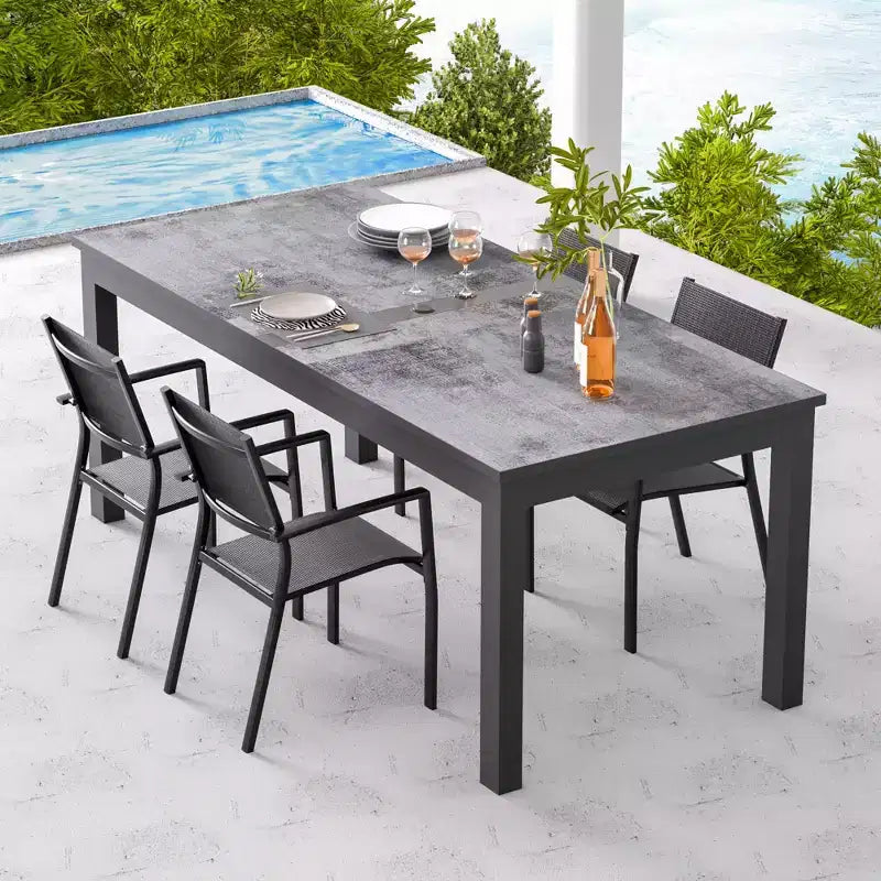 Heynemo Ensemble de salle à manger avec table extensible pour 4 à 10 personnes, table de salle à manger extérieure en aluminium, table de terrasse rectangulaire en métal avec trou pour parasol, gris