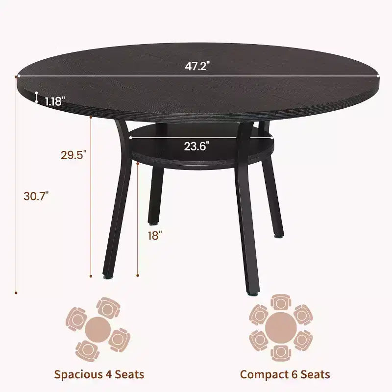 Table à manger ronde pour 4-6 personnes, table de cuisine de 119,4 cm avec rangement, table de dîner circulaire en bois avec pieds en métal, tables de salle à manger modernes