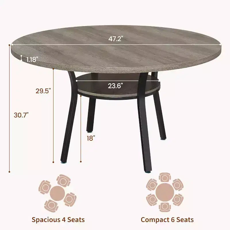 Table à manger ronde pour 4-6 personnes, table de cuisine de 119,4 cm avec rangement, table de dîner circulaire en bois avec pieds en métal, tables de salle à manger modernes