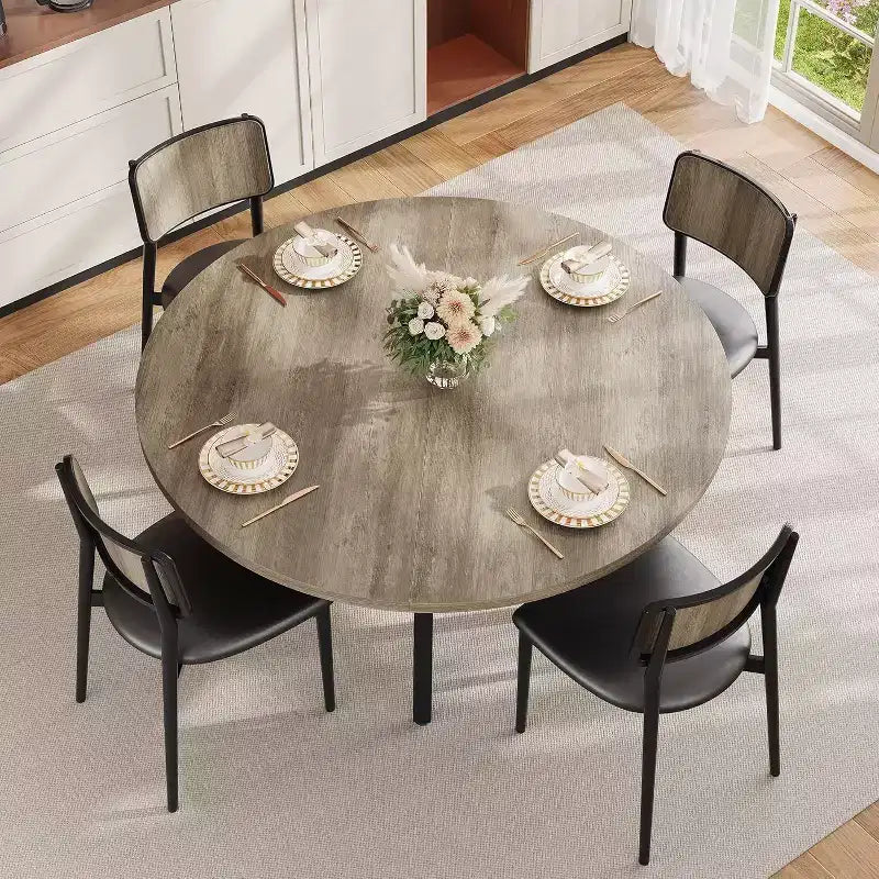 Table à manger ronde pour 4-6 personnes, table de cuisine de 119,4 cm avec rangement, table de dîner circulaire en bois avec pieds en métal, tables de salle à manger modernes