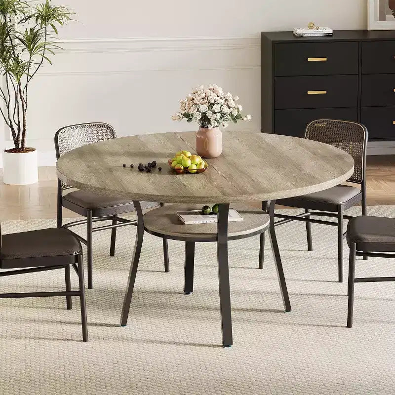 Table à manger ronde pour 4-6 personnes, table de cuisine de 119,4 cm avec rangement, table de dîner circulaire en bois avec pieds en métal, tables de salle à manger modernes