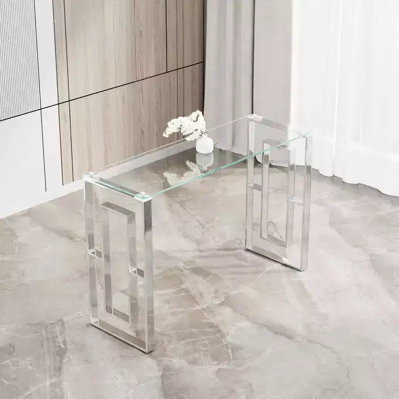 MAYEERTY Console moderne, Table en verre transparent avec pieds en acier inoxydable pour salon, bureau, argent