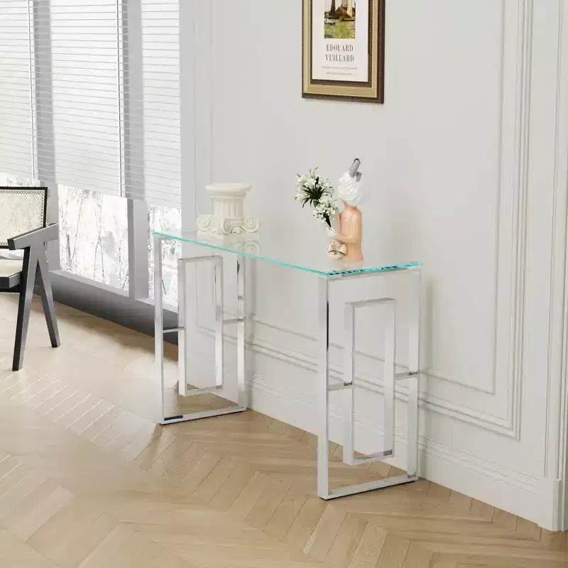 MAYEERTY Console moderne, Table en verre transparent avec pieds en acier inoxydable pour salon, bureau, argent