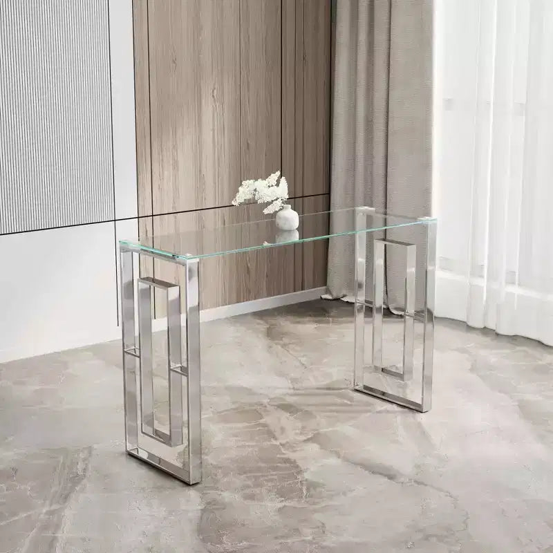 MAYEERTY Console moderne, Table en verre transparent avec pieds en acier inoxydable pour salon, bureau, argent