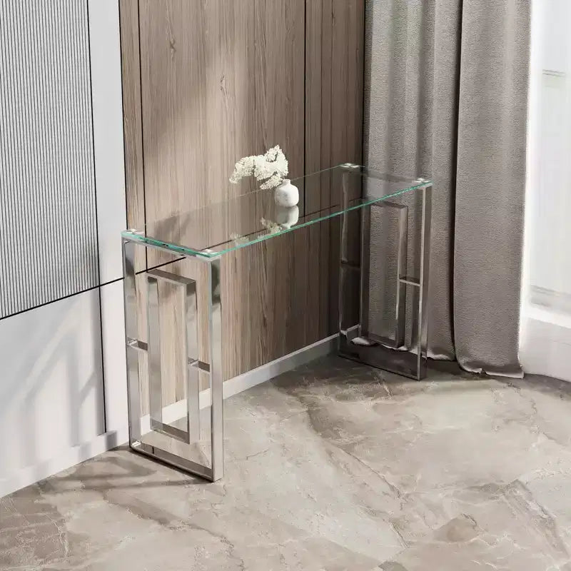 MAYEERTY Console moderne, Table en verre transparent avec pieds en acier inoxydable pour salon, bureau, argent
