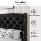 Cadre de lit Celebalcony avec tête de lit capitonnée, lit queen size avec tissu tufté et velours, support de lattes en bois, aucun sommier tapissier requis, noir