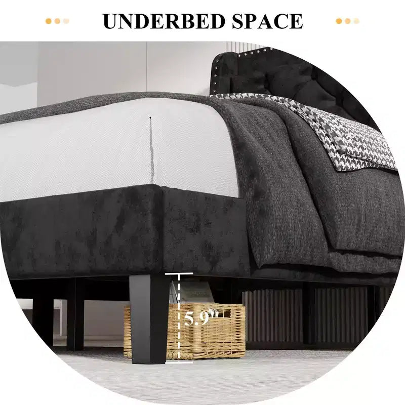 Cadre de lit Celebalcony avec tête de lit capitonnée, lit queen size avec tissu tufté et velours, support de lattes en bois, aucun sommier tapissier requis, noir