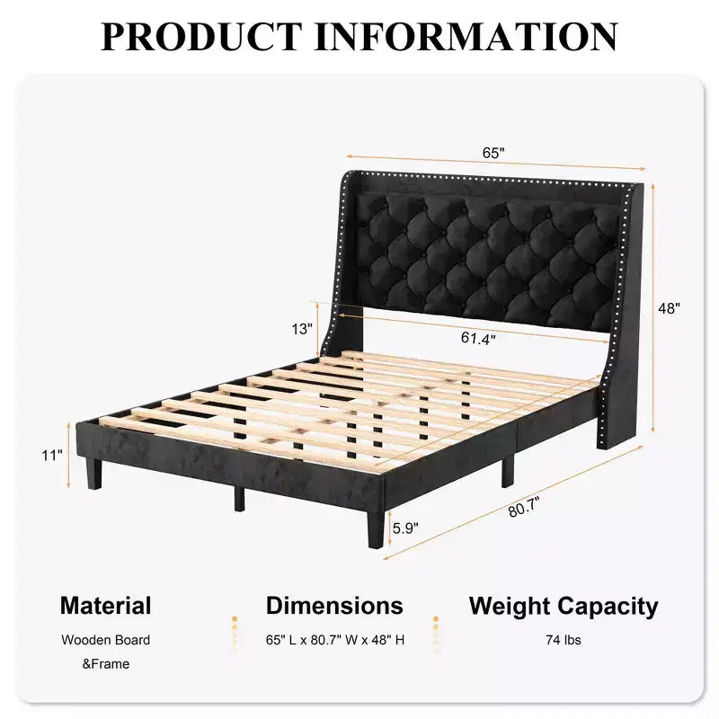 Cadre de lit Celebalcony avec tête de lit capitonnée, lit queen size avec tissu tufté et velours, support de lattes en bois, aucun sommier tapissier requis, noir
