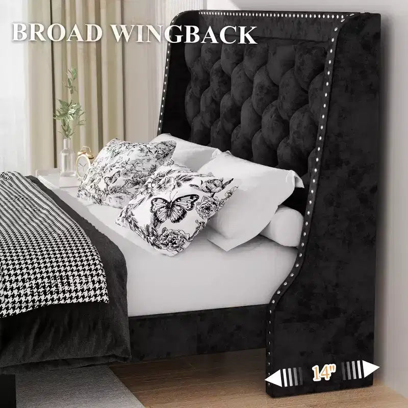 Cadre de lit Celebalcony avec tête de lit capitonnée, lit queen size avec tissu tufté et velours, support de lattes en bois, aucun sommier tapissier requis, noir