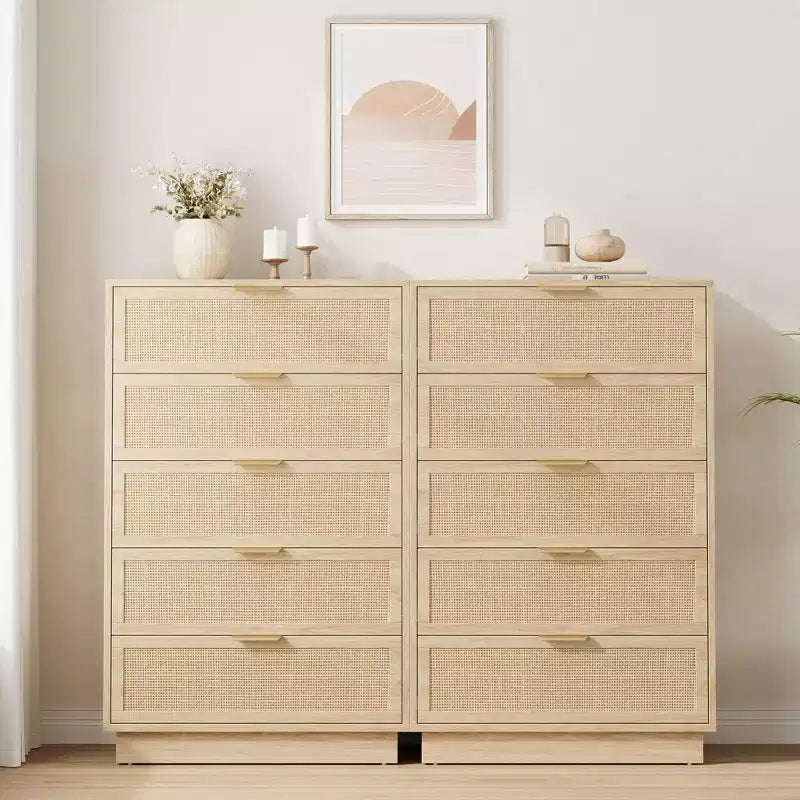 Commode 5 tiroirs en rotin pour chambre à coucher, Corps de meuble et pieds intégrés, Commode en bois pour couloirs, entrées et placards, Montage facile