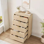 Commode 5 tiroirs en rotin pour chambre à coucher, Corps de meuble et pieds intégrés, Commode en bois pour couloirs, entrées et placards, Montage facile