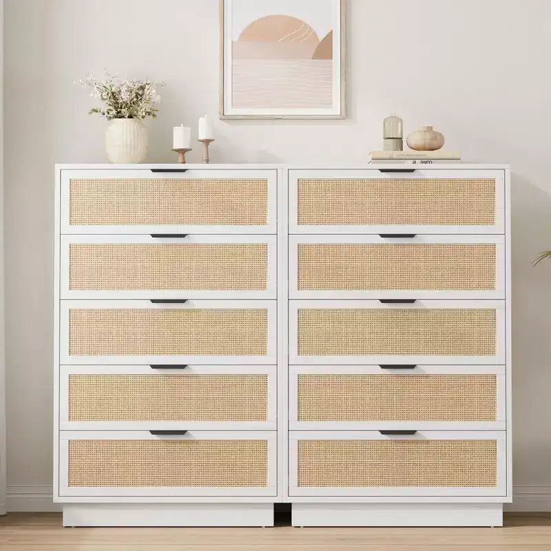 Commode 5 tiroirs en rotin pour chambre à coucher, Corps de meuble et pieds intégrés, Commode en bois pour couloirs, entrées et placards, Montage facile