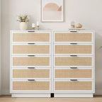 Commode 5 tiroirs en rotin pour chambre à coucher, Corps de meuble et pieds intégrés, Commode en bois pour couloirs, entrées et placards, Montage facile