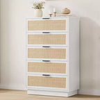 5 Drawer Rattan Dresser for Bedroom, Integrated Cabinet Body & Legs Design, Wooden Chest of Drawers for Hallways, Entryways and Closet, Easy Assembly