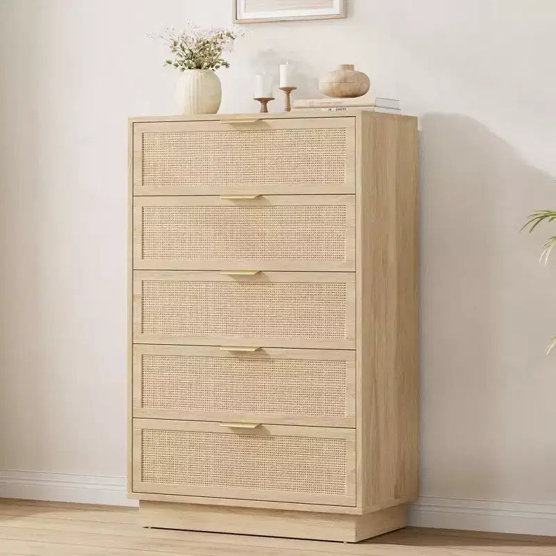Commode 5 tiroirs en rotin pour chambre à coucher, Corps de meuble et pieds intégrés, Commode en bois pour couloirs, entrées et placards, Montage facile