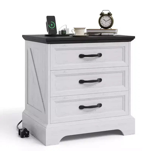 Acekool Modern Farmhouse Nightstand with Charging Station, 3-Drawer Rustic End Table for Bedroom and Living Room