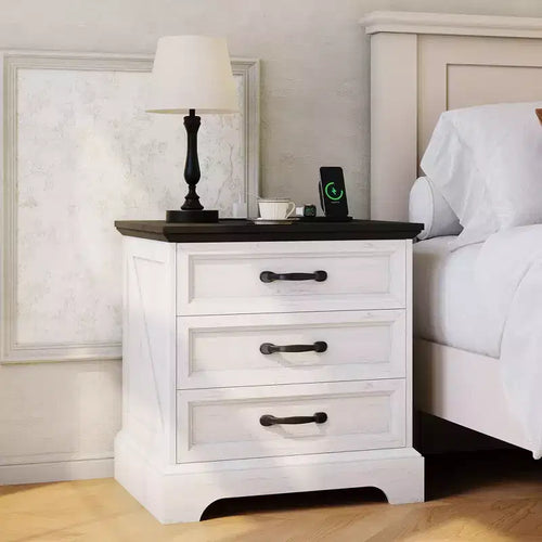 Table de chevet moderne Acekool style ferme avec station de recharge, table d'appoint rustique à 3 tiroirs pour chambre et salon