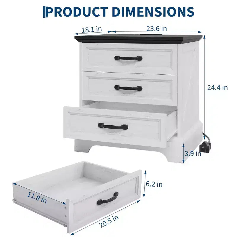 Table de chevet moderne Acekool style ferme avec station de recharge, table d'appoint rustique à 3 tiroirs pour chambre et salon