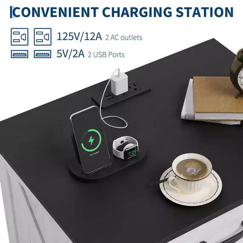 Table de chevet moderne Acekool style ferme avec station de recharge, table d'appoint rustique à 3 tiroirs pour chambre et salon