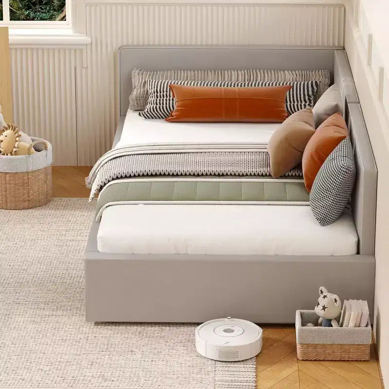 Lit de repos double Acekool avec tiroirs de rangement, cadre de lit d'angle tapissé de velours avec barrières, gris clair ou beige